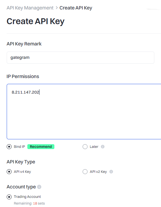 Gate.io Create API Key form
